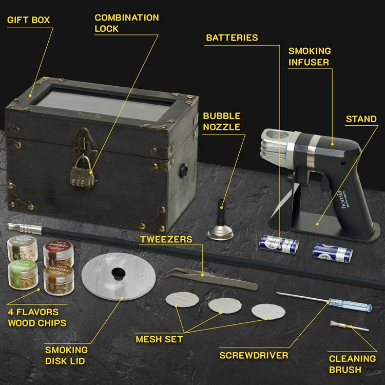 Cocktail Smoker Kit - Whiskey Smoker Kit - Smoke Infuser Birner PRO - Smoking Box, 12 PCS, with Accessories and Wood Chips - Cold Smoke for Food and Drinks, Black - Gift for Men
