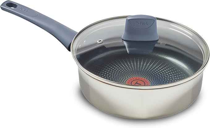 T-fal Essentials Stainless Steel Saute Pan w/Non Stick Coating & Glass Lid, 3.5 Quart, All Cooktops Including Induction, Oven Safe 350F, Heat Indicator, Measuring Marks, Dishwasher Safe, Silver/Blue