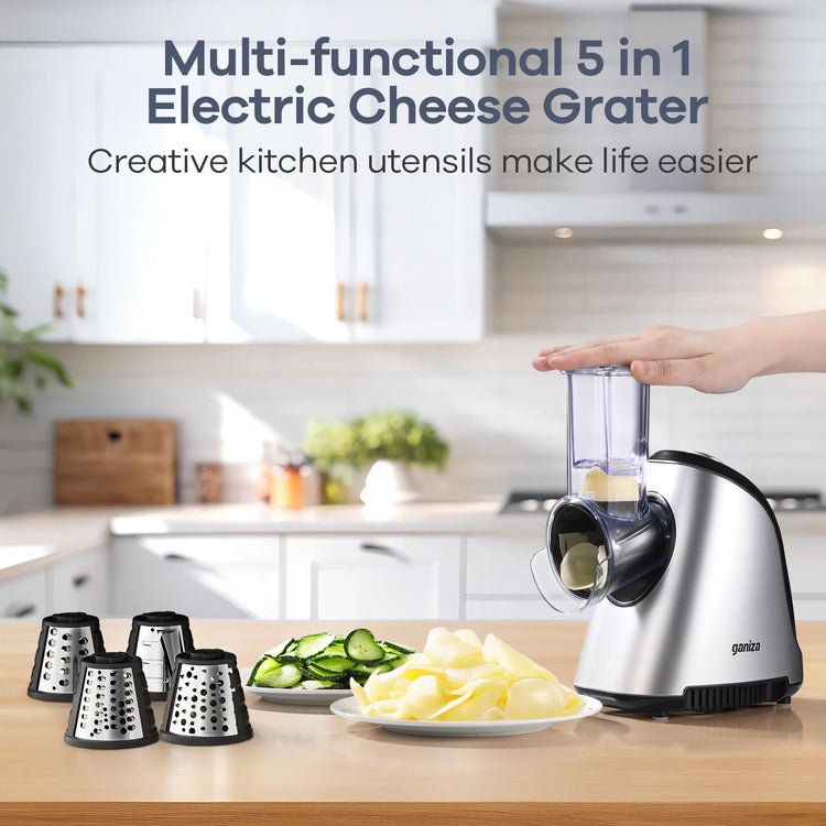 5-in-1 Electric Cheese Grater for Kitchen, Max 250W Cheese Shredder, 5 Changeable Blades Salad Shooter, Slicer Electric for Cheese/Veggies/Salad with an Extra Zester grater