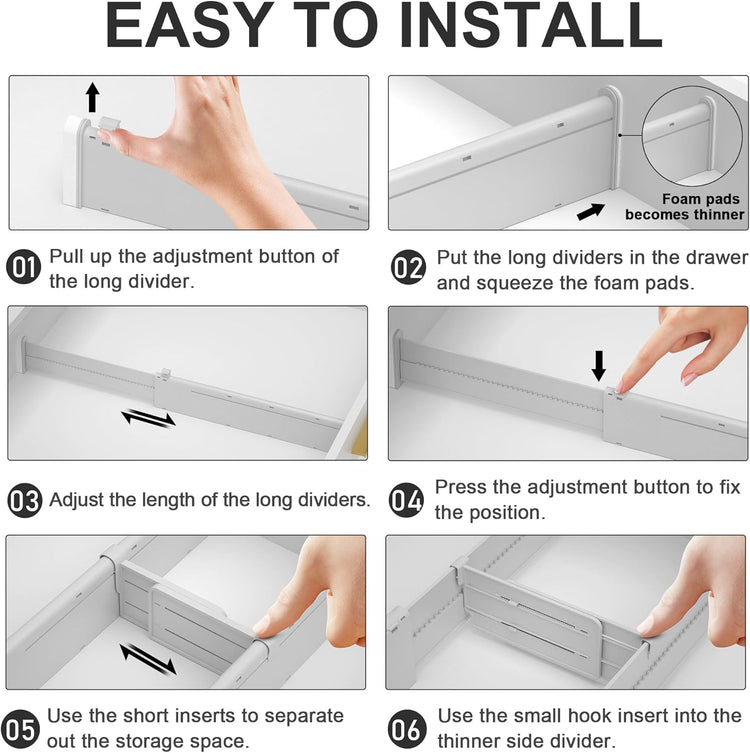 HiYZ Expandable Drawer Dividers with Inserts - Adjustable Drawer Organizers Separators for Kitchen, Bedroom, Dresser, Office, 8 Long Dividers(12.6-22.8 IN) with 16 Inserts(3.9-7.1 IN) - Gray
