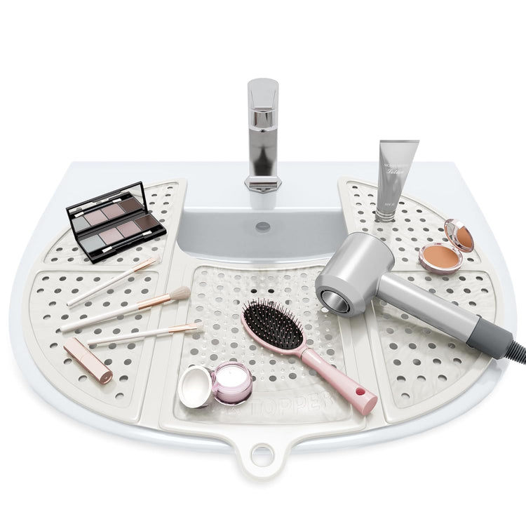 Sink Topper Bathroom Counter Cover & Storage Saver, Foldable Silicone Mat for Hot Tools, Hair Styling & Makeup, Beauty Brush Cleaning Mat, RV Camper Sink Cover & for Small Spaces (Standard Pearl)