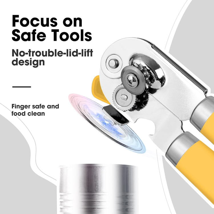 Beneno Can Opener Manual with Magnet, Hand Held Heavy Duty Can Opener with Durable Sharp Blade Smooth Edge, Big Effort-Saving Knob, Soft Grip Rubber Handle, Multifunctional Bottle Opener, Yellow