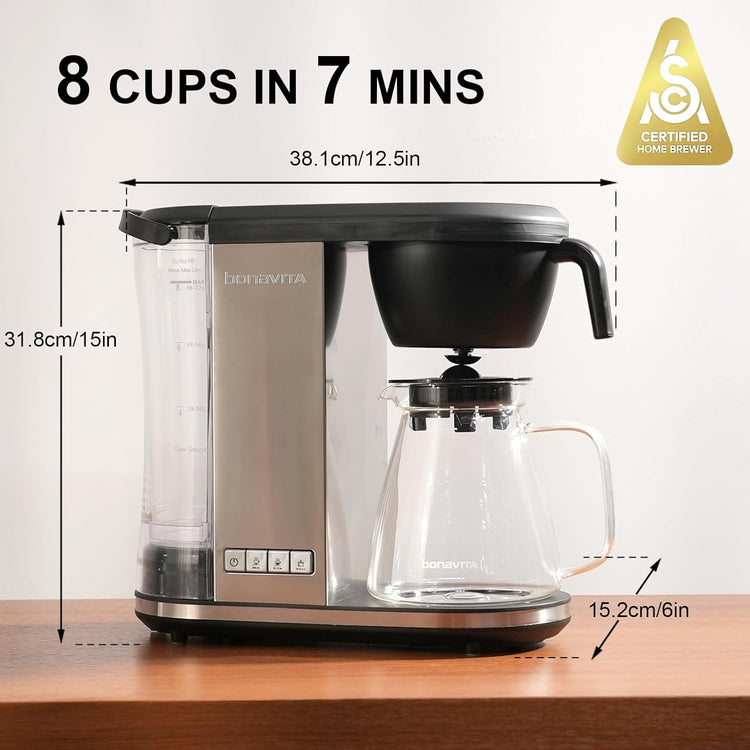 Bonavita Enthusiast 8 Cup Drip Coffee Brewer, Pour Over, SCA Certified Coffee Machine with Glass Carafe, Stainless Steel Panel, Removable Reservoir