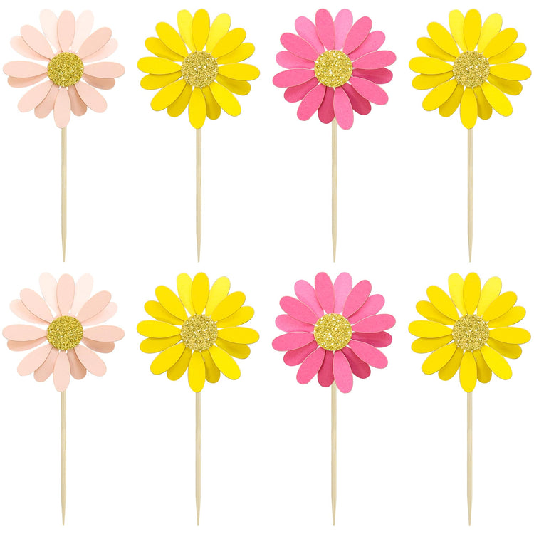 24Pcs Daisy Cupcake Toppers Daisy Cake Decorations Chrysanthemum Cupcake Toppers Spring Daisy Flower Cake Picks for Birthday Wedding Supplies Multicolor 3 (24 Count)