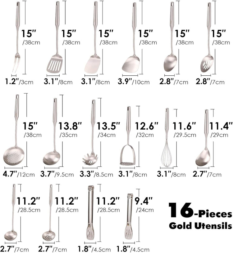 18/10 Stainless Steel Cooking Utensils Set - 16 PCS All Metal Kitchen Tools, Serving Utensils - Whisk, Masher, Fork, Tongs, Solid/Slotted Spoon, Spatula, Turner, Ladle, Skimmer, Pasta, Large Spoon Set