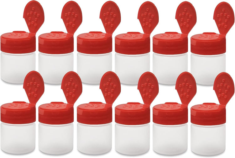 ljdeals 1 oz Plastic Spice Jars with Red Flip & Sift Caps – 12 Pack Empty Spice Bottles for Herbs, Seasonings, Powders, Camping, Travel, Kitchen, Restaurant Use – BPA-Free, Recyclable, Made in USA