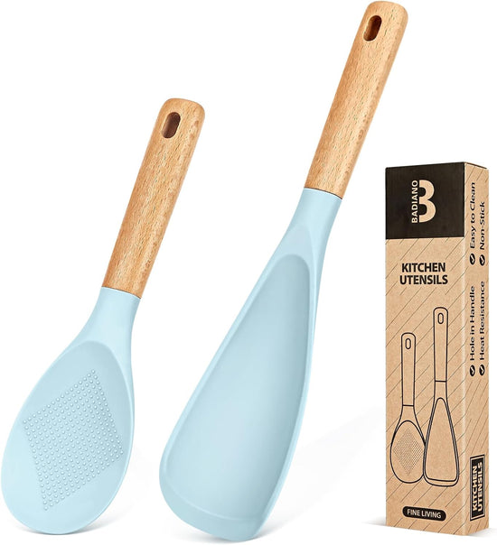Cooking Spoon and Rice Scooper for Nonstick Cookwares, Great for Cooking and Serving Sturdy BPA-Free Matte Silicone, Wood Handle Spoon for Mixing, Scoop, and Scrape (BLUE) - Nestoria