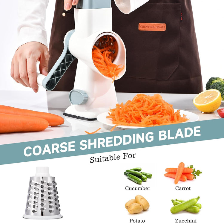 Rotary Cheese Grater Hand Crank Cheese Shredder Vegetable Mandoline Slicer for Kitchen 3 in 1 Changeable Blades for Cheese Potato Nuts Chocolate Ice (WhiteBlue)