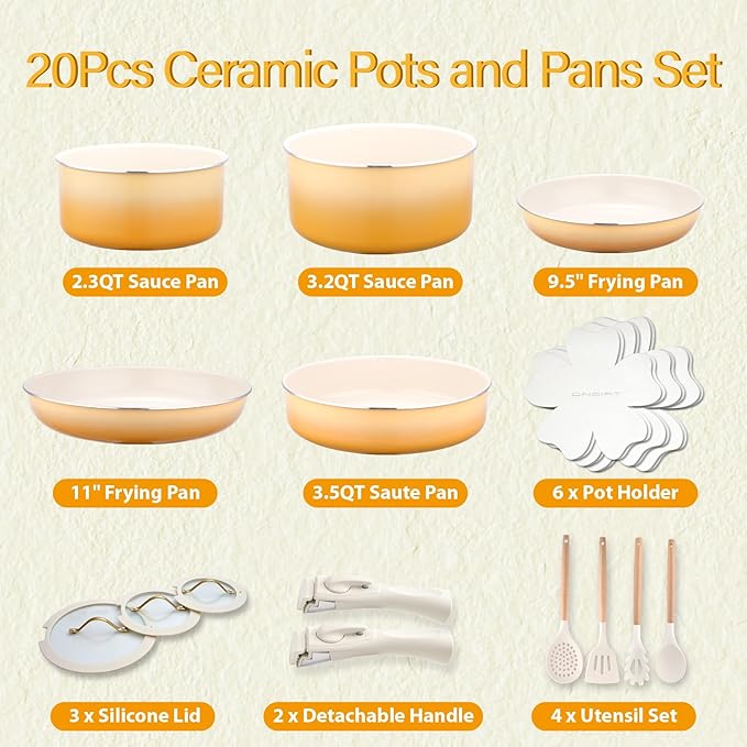 ONGIFT 20pcs Ceramic Cookware Set Nonstick, Detachable Handle Pots and Pans Set, Non Toxic,No PFAS & PTFE & PFOA, Dishwasher/Oven Safe, RV Kitchen Set Removable Handle for Cooking, Yellow
