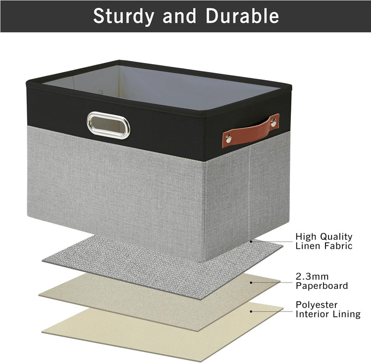 Large Collapsible Fabric Storage Bins with 3 Handles, Foldable Organizer Baskets for Closet, Shelves, Living Room | 3 Pack, Durable PU & Metal Handles (14.9"x9.8"x9.8", Black & Gray)