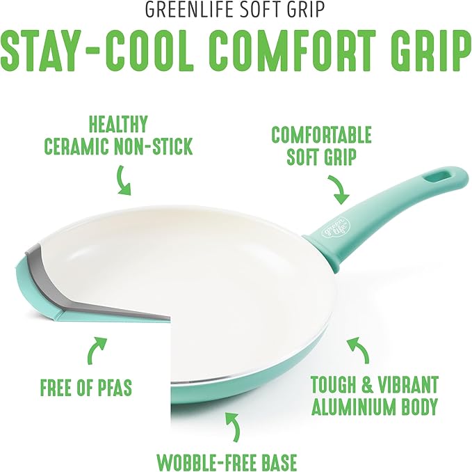 GreenLife Non Stick Fry Pan Set (7" & 10"), Non-Toxic PFAS-Free Ceramic Skillets, Dishwasher & Oven Safe, Egg Omelet Frying Pans, Stay- Cool Handles, Kitchen Home Cooking Essentials, Turquoise