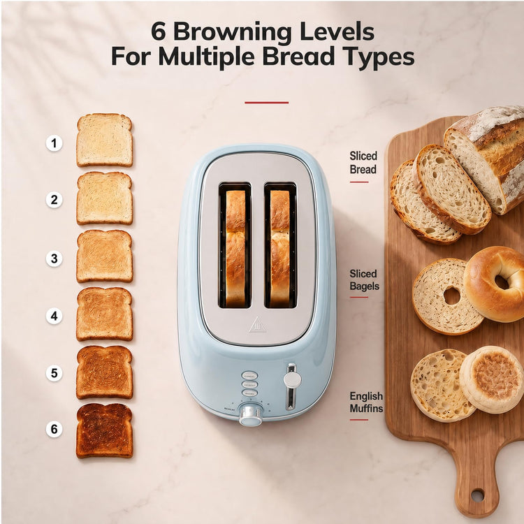Retro 2 Slice Stainless Steel Toaster with 6 Bread Shade Settings