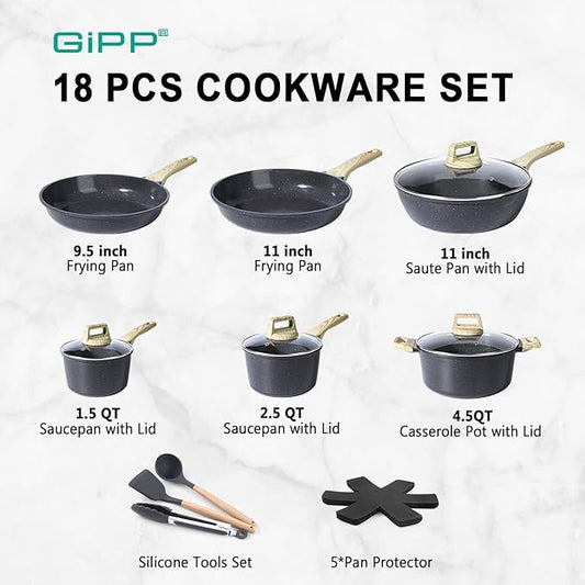 GiPP Ceramic Pots and Pans Set Non Stick - 18 Pcs Nonstick Cookware Set, Non-toxic Healthy Kitchen Cooking Set w/Frying Pans Set, Dishwasher Safe, PFAS PTFE PFOA PFOS Free, Dark Gray