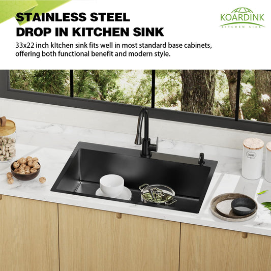 Black 33x22In Drop In Kitchen Sink