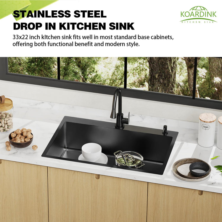 Black 33x22In Drop In Kitchen Sink