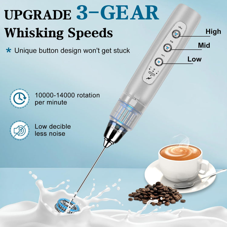 Milk Frother Wand Rechargeable Handheld Whisk Coffee 3 Speed Adjustable