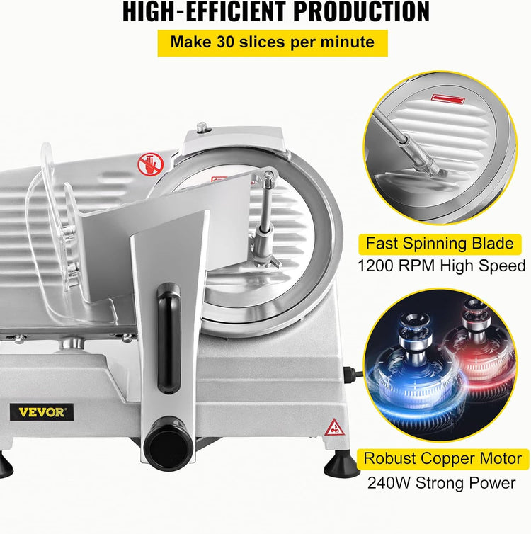 VEVOR Commercial Meat Slicer, 200W Electric Deli Food Slicer, 0-12mm Adjustable Thickness Electric Meat Slicer, 1200RPM Meat Slicer with 8.7'' Chromium-plated Steel Blade for Home & Commercial Use