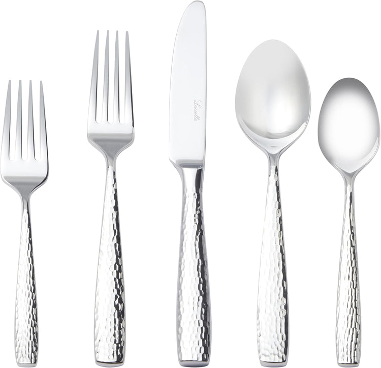 Luciella Ponza Flatware Set for 12, 65-Piece Stainless Steel Silverware Set with Serving Utensils, Timeless Hammered Design, Rust-Resistant, Mirror Polished & Dishwasher Safe