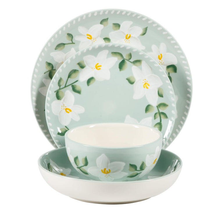 Magnolia Bloom 16 Piece Double Bowl Hand Painted Stoneware Plates and Bowls Floral Dinnerware Set
