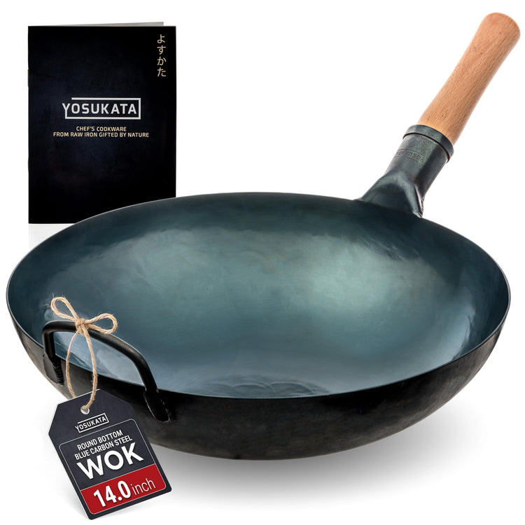 14” Blue Carbon Steel Wok with Round Bottom