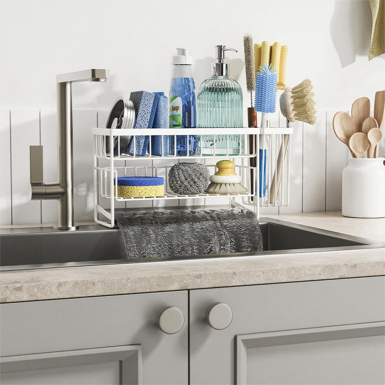White 2 Tier Kitchen Sink Caddy Organzier Rack with Flexible Dish Brush Holder