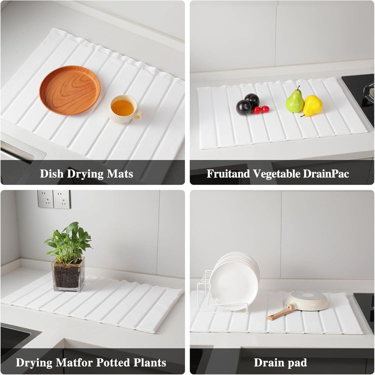 Stone Drying Mat for Kitchen Counter, Collapsible Diatomaceous Earth Dish Drying Mats, Supe Absorbent Quick Dry Stone Mat Kitchen，PU Leather Surface Removable and washable (White, 23.6”x15.4”)