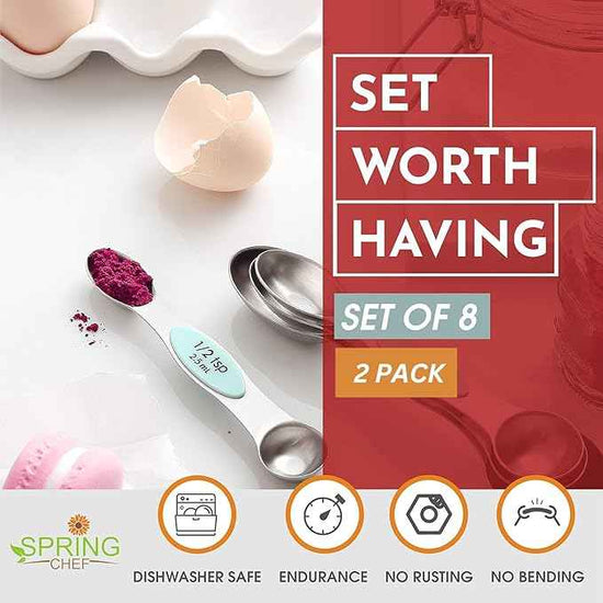 Spring Chef Stainless Steel Magnetic Measuring Spoons Set of 8 with Leveler, Metal Teaspoon & Tablespoon Measuring Spoons, Fits in Spice Jars, Kitchen Gadgets for Baking & Cooking - Set of 2 - Mint