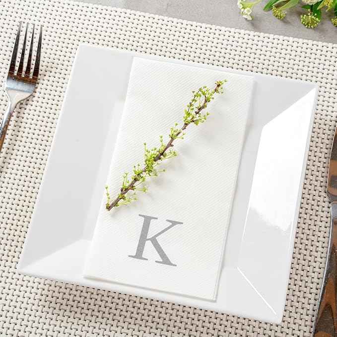 Luxenap 15.8 X 7.9 Inch Linen-Feel Guest Towels, 50 Lettered Hand Towels - Silver Letter 'K', Sans Serif Font, White Paper Dinner Napkins, airlaid, For Restrooms And Tables - Restaurantware