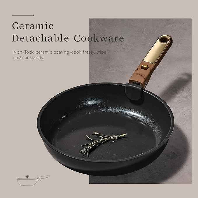 CAROTE 15Pcs Ceramic Cookware Set, Pots and Pans Set Non stick, Kitchen Cooking Set with Detachable Handle, Non Toxic Induction Cookware, Dishwasher/Oven Safe, PFAS Free, Black&Gold