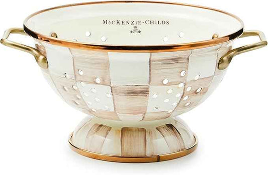 MACKENZIE-CHILDS Enamel Colander, Decorative Kitchen Strainer, Small, Brown-and-White Mocha Check