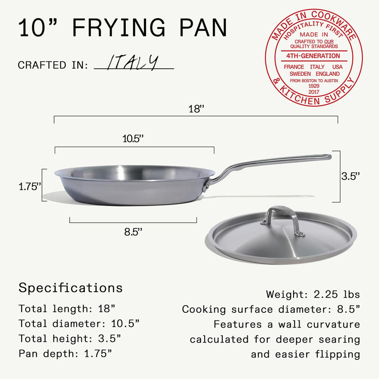 Cookware - 10-Inch Stainless Steel Frying Pan With Lid - 5 Ply Stainless Clad - Professional Cookware - Crafted in Italy - Induction Compatible