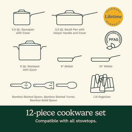 Cuisinart Ceramic Cookware Set, Nonstick 12-Piece Pots and Pans Set for Even Heat Cooking, Dishwasher Safe, Stainless Steel Handles & Easy Cleanup, Teal, 34C-12TL