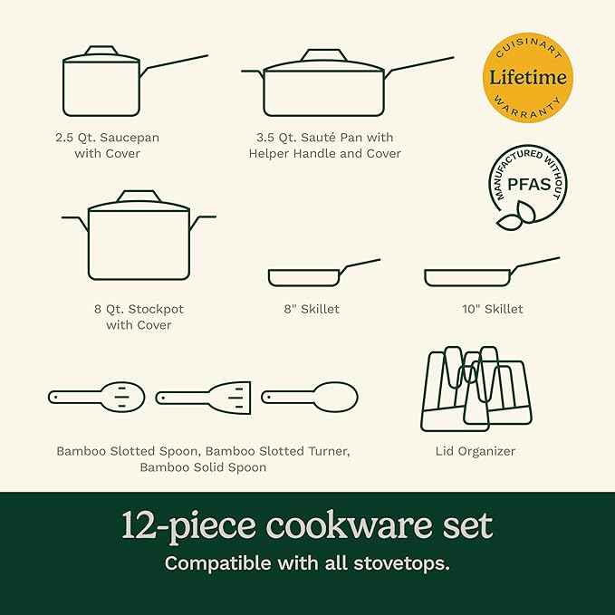 Cuisinart Ceramic Cookware Set, Nonstick 12-Piece Pots and Pans Set for Even Heat Cooking, Dishwasher Safe, Stainless Steel Handles & Easy Cleanup, Teal, 34C-12TL