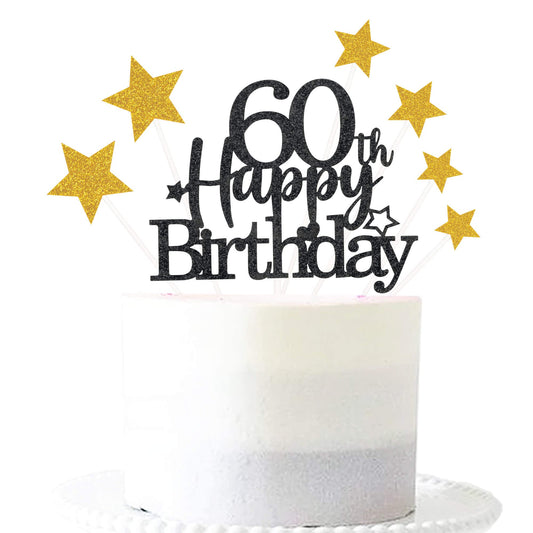 Black Gold 60th Birthday Cake Topper with Glittery Stars (7 Count)