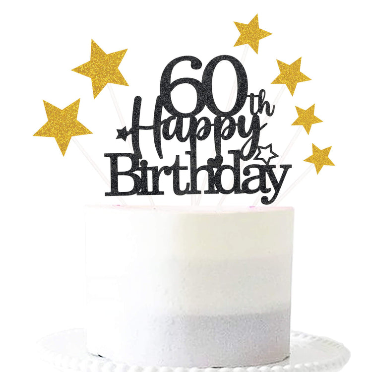 Black Gold 60th Birthday Cake Topper with Glittery Stars (7 Count)