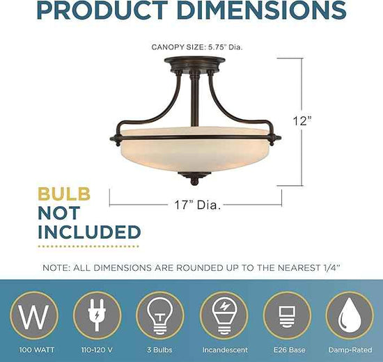 Quoizel Griffin Semi-Flush Mount Ceiling Light, 17 Inch 3-Light Palladian Bronze Opal-Etched Frosted Glass Shade, Hanging Light Fixture for Hallway, Kitchen, Bedroom, Dining, Farmhouse or Office