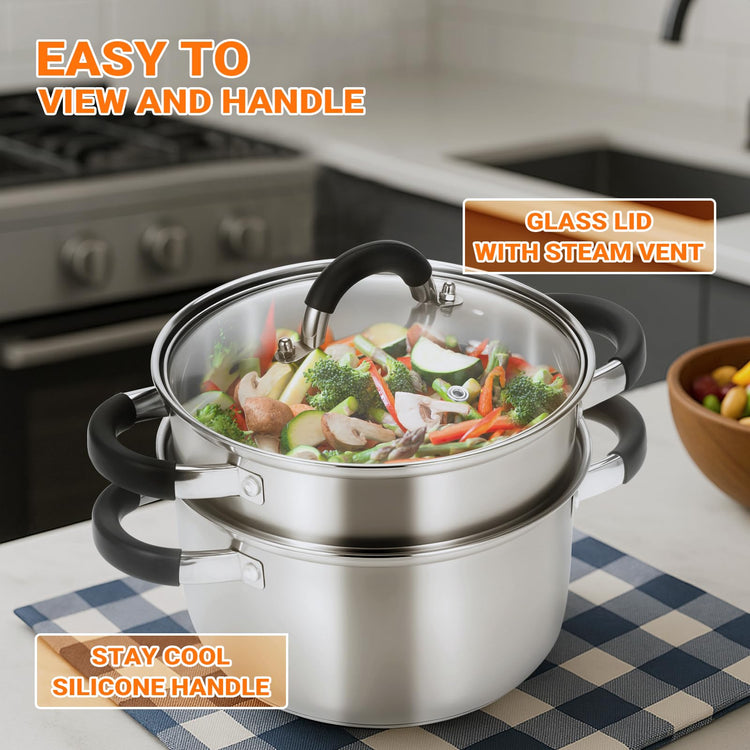 3.2QT Stainless Steel Steamer for Cooking with Lid & Steamer Basket