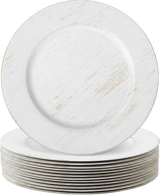Tanlade 12 Pcs Charger Plates Bulk 13 Inch Plastic Vintage Wedding Chargers Floral Decorative Plates with Metallic Ruffled Rim for Wedding Party, Holiday Event Supplies(White)