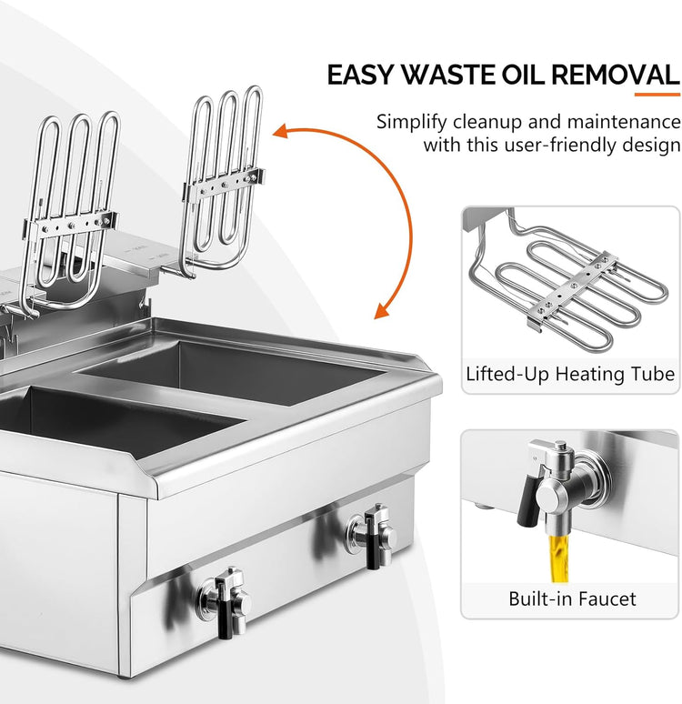 ROVSUN 24.9QT Electric Deep Fryer with Baskets, Timer Drains & Lids, 3400W Commercial Deep Fryer, Dual Tank Kitchen Countertop Frying Machine, Adjustable Temperature for Home Restaurant