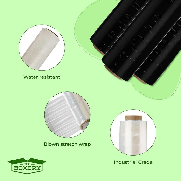The Boxery- 18''X1500' Per Roll Stretch Wrap (Black)-4 Rolls/6000 Feet Total (65 Gauge) Industrial Grade,Stretch Wrap Film Black Cling Plastic for Shipping, Moving and Packaging
