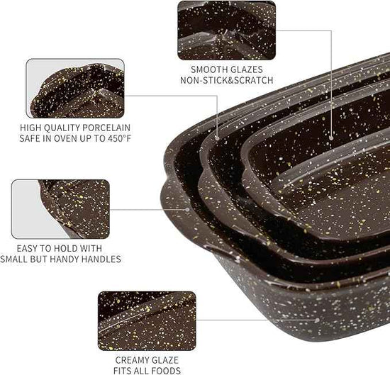 3-Pack Deep Rectangular Ceramic Baking Dishes, Heavy-Duty Oven-Safe Stoneware Casserole Pans for Lasagna Baking, High Heat Resistant Handcrafted Glazed Finish,Speckle Series(13.8''/12''/9.6'' Brown)