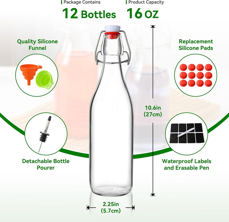 Leetaltree 12-Pack 16oz Swing Top Glass Bottles Set, Airtight Lid, Flip Top Bottles for Kombucha, Beverages, Beer, Oils