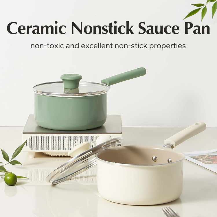 Redchef Ceramic Nonstick Saucepan with Lid, 3QT Small Cooking Pot,Non Toxic Sauce Pans for Kitchen, Cool Handle PFAS Free Compatible with All Cooktops, Green