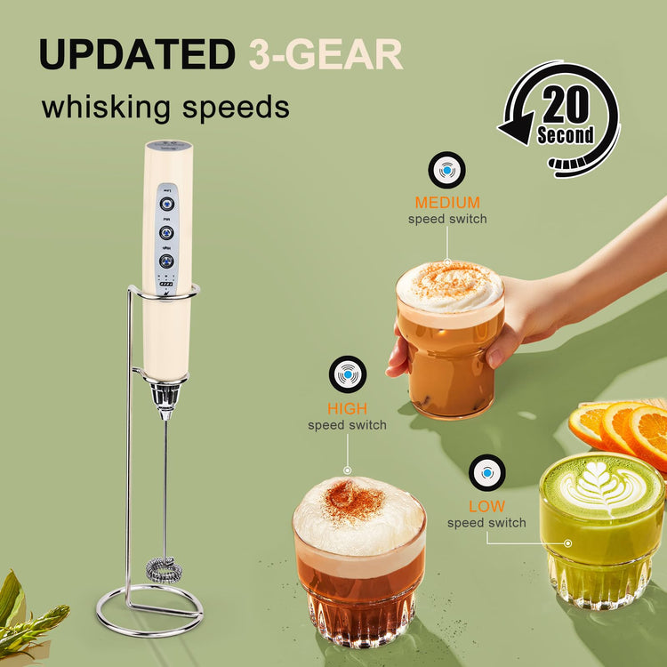 Beige Handheld Milk Frother Wand with Stand for Coffee