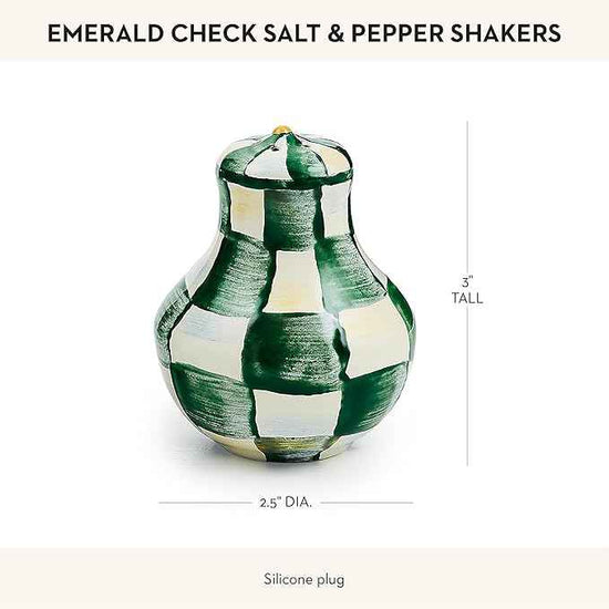 MACKENZIE-CHILDS Enamel Salt and Pepper Shakers, Kitchen Table Spice Shaker Set, Green-and-White Emerald Check, Small