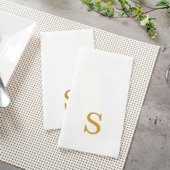 Luxenap 15.8 X 7.9 Inch Linen-Feel Guest Towels, 50 Lettered Hand Towels - Gold Letter 'S', Sans Serif Font, White Paper Dinner Napkins, airlaid, For Restrooms And Tables