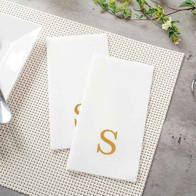 Luxenap 15.8 X 7.9 Inch Linen-Feel Guest Towels, 50 Lettered Hand Towels - Gold Letter 'S', Sans Serif Font, White Paper Dinner Napkins, airlaid, For Restrooms And Tables