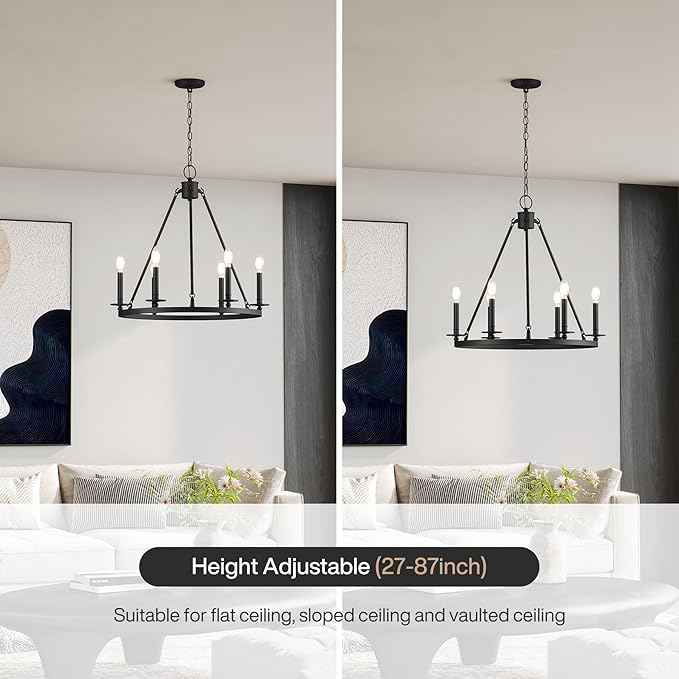 Tribesigns Wagon Wheel Chandelier 26" 6-Lights, Black Metal Rustic Ceiling Light Round Chandeliers Farmhouse for Farmhouse, Kitchen, Dining Room, Cabin Foyer, Entryway