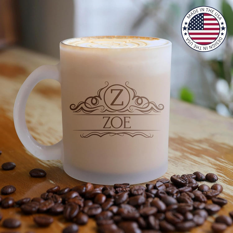 Personalized Coffee Mug Engraved with your Custom Name - Customized 11oz Frosted Glass Mugs, Hot Chocolate Mugs, Tea Cup, Birthday Gifts, Retirement Gift (Frosted Mug, Personalized Design)