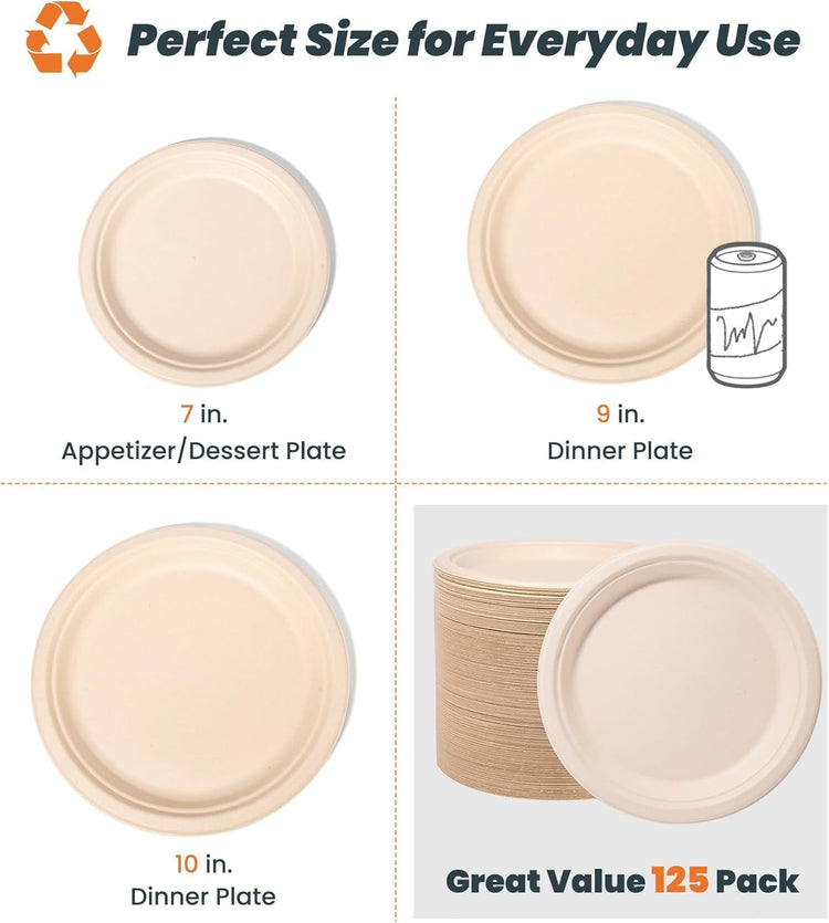 100% Compostable Plates - 125-Count Heavy Duty, Biodegradable Bagasse Plates - Eco Friendly and Sustainable (Natural, 7 inch)